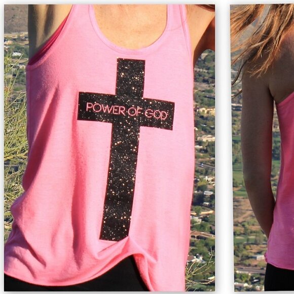 Womens Bella Pink Black Glitter Cross Power of God 1 Corinthians 1:18 Tank Top M - Picture 4 of 5